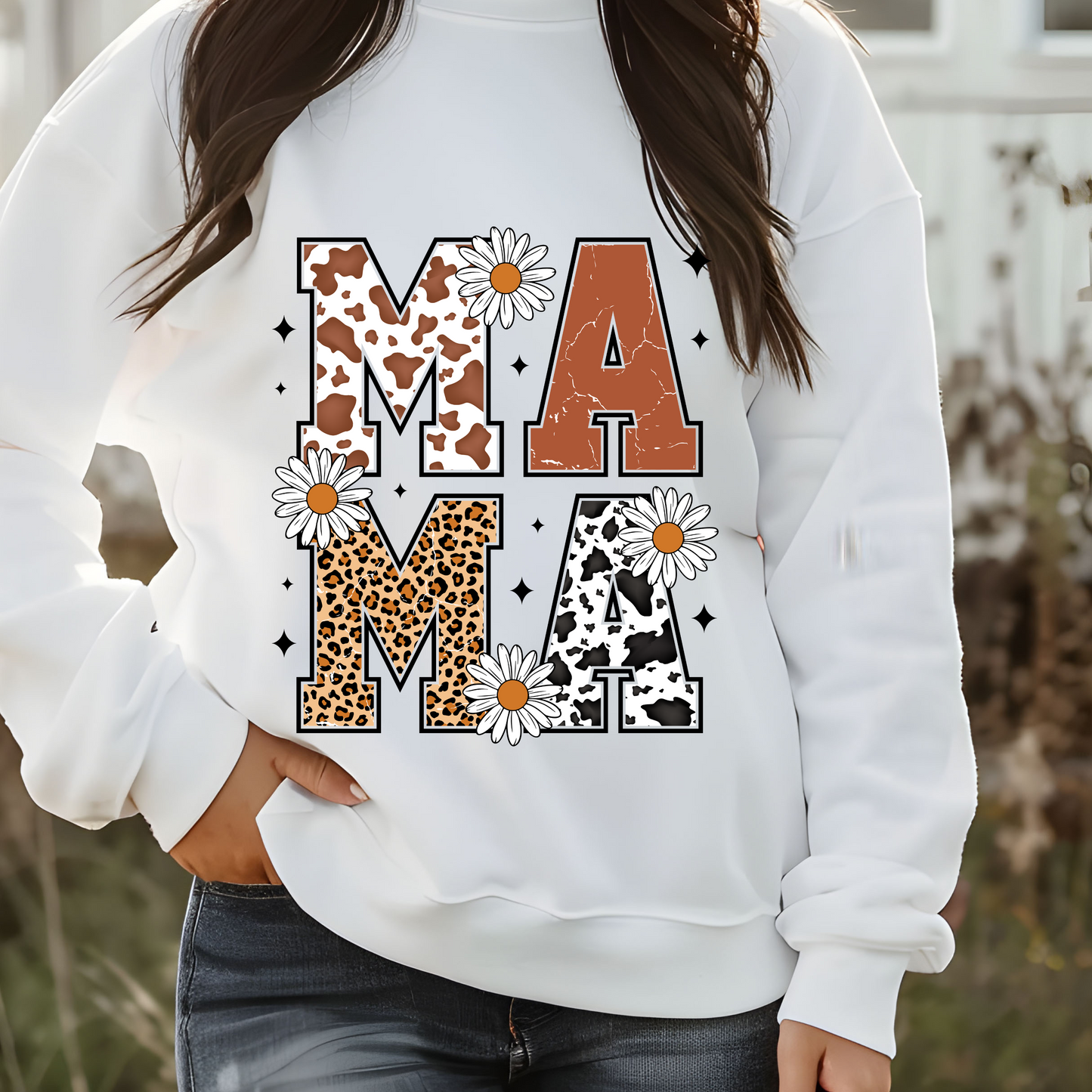 MAMA Sweatshirt / Floral & Animal Design on White