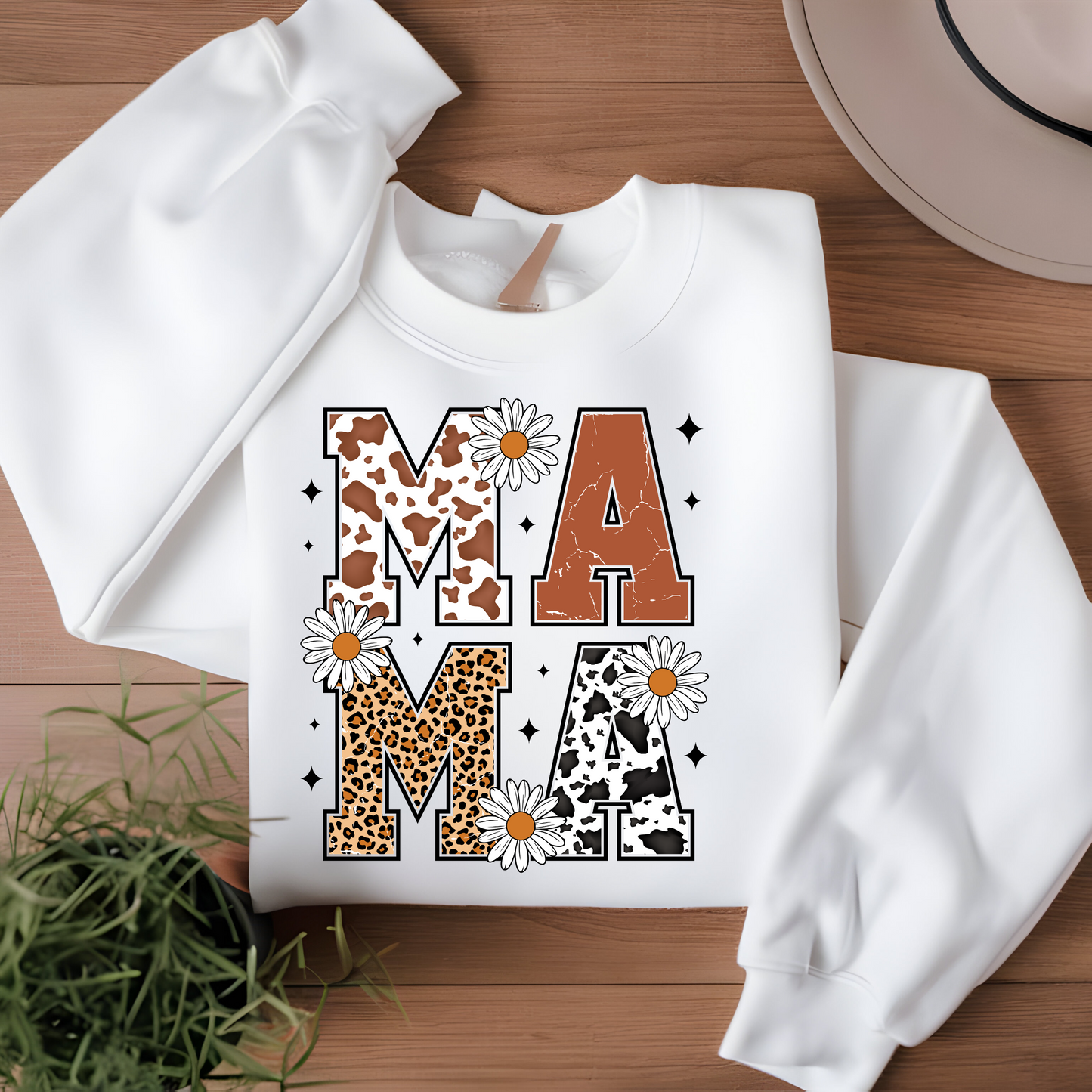 MAMA Sweatshirt / Floral & Animal Design on White