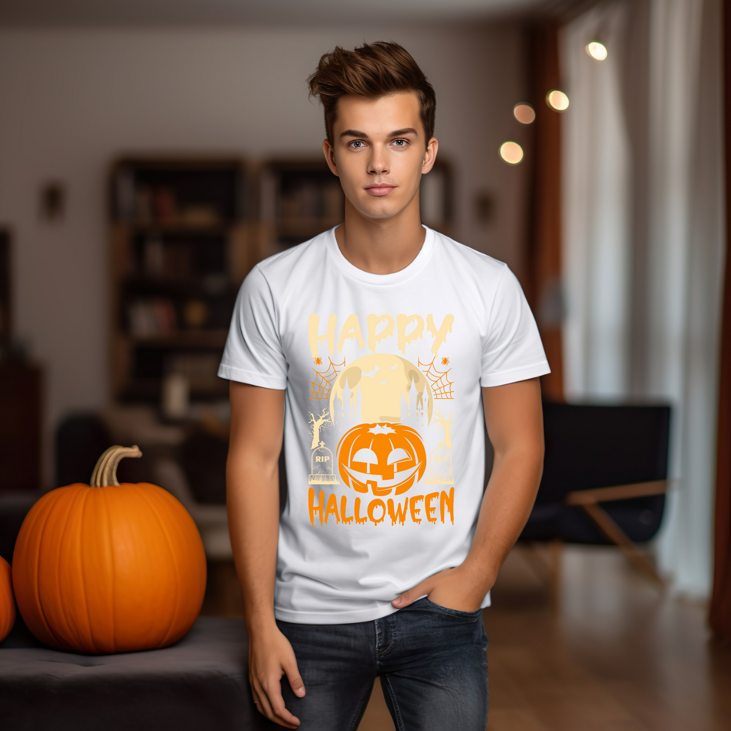 Happy Halloween T-Shirt / Spooky Pumpkin Graphic Tee / Haunted Castle Shirt / Halloween Costume Top / Fun Holiday Party Outfit