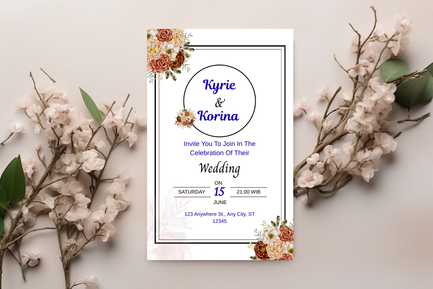 Wedding Invitation Template Printable, Editable Elegant Wedding Invite Card