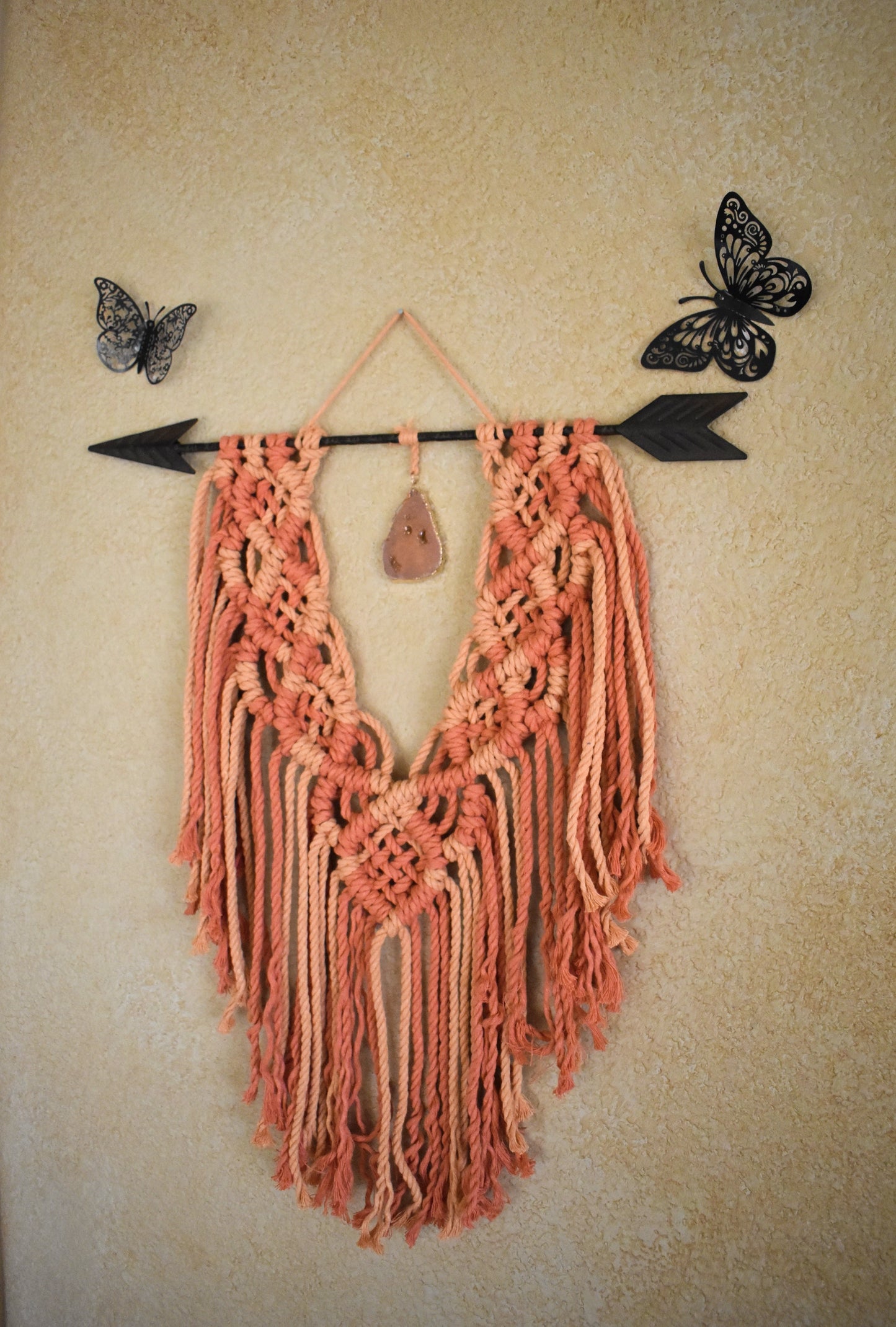 Where the Light Gets In, Handmade Orange Boho Macrame Wall Hanging with Crystal Pendant | Cotton Rope Wall Decor