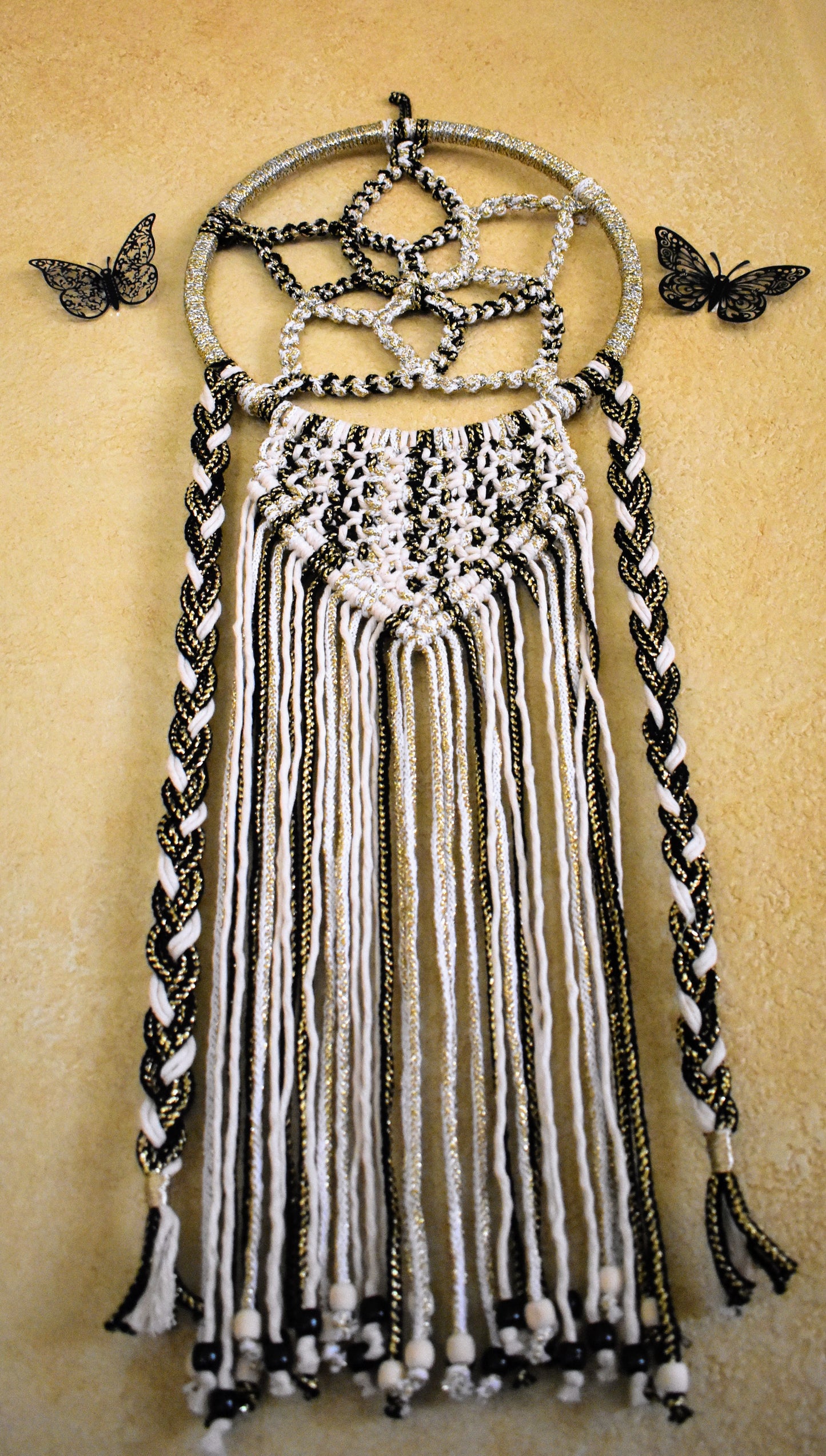Still Shining, Full Circle, Luxury Macrame Dream Catcher Wall Hanging – Black White Gold Boho Decor, Handmade Fiber Art Wall Decor