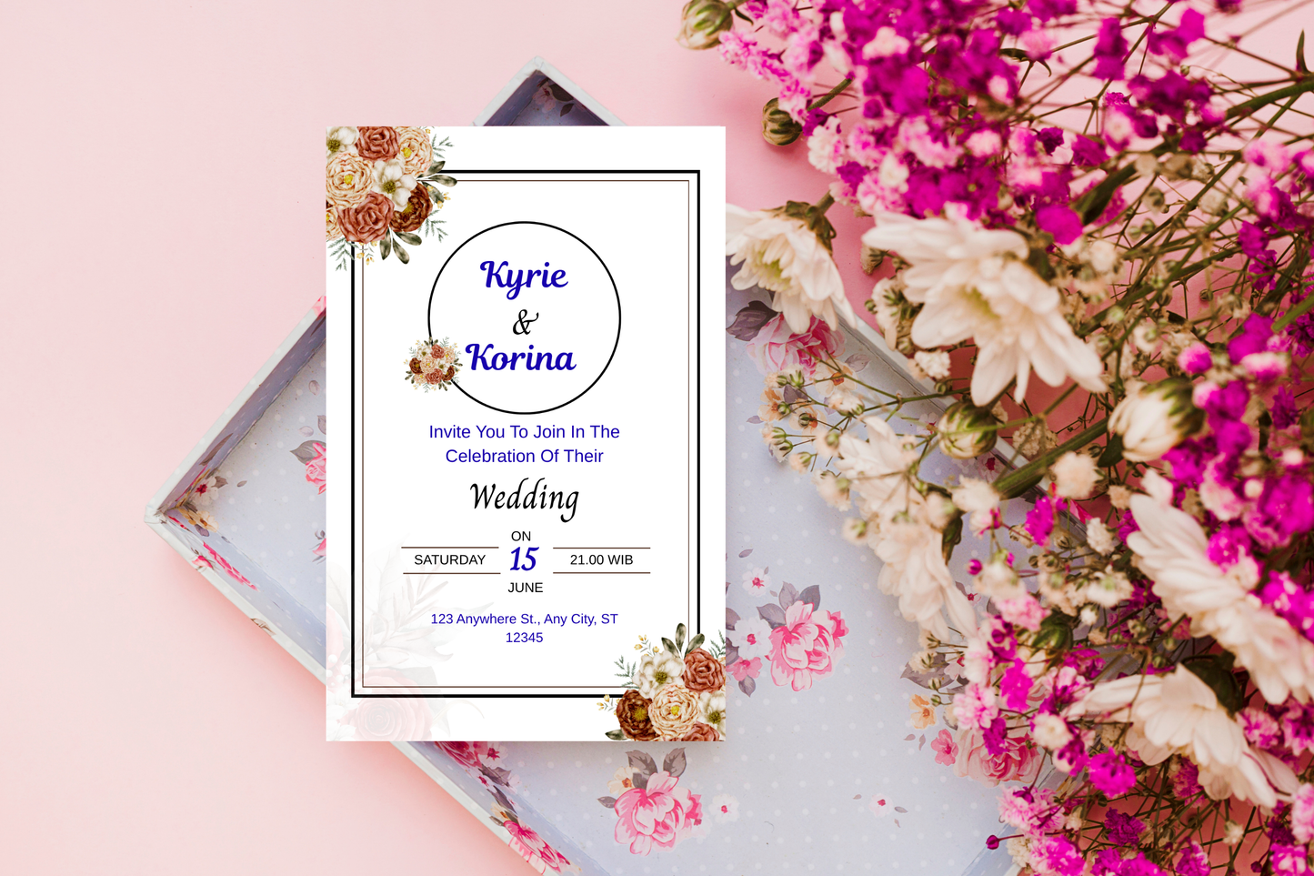 Wedding Invitation Template Printable, Editable Elegant Wedding Invite Card