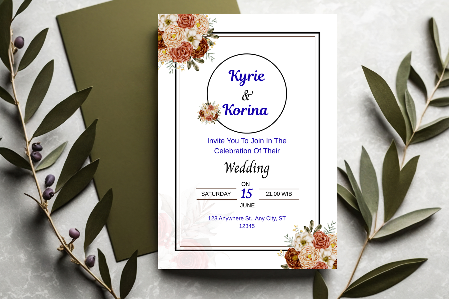 Wedding Invitation Template Printable, Editable Elegant Wedding Invite Card