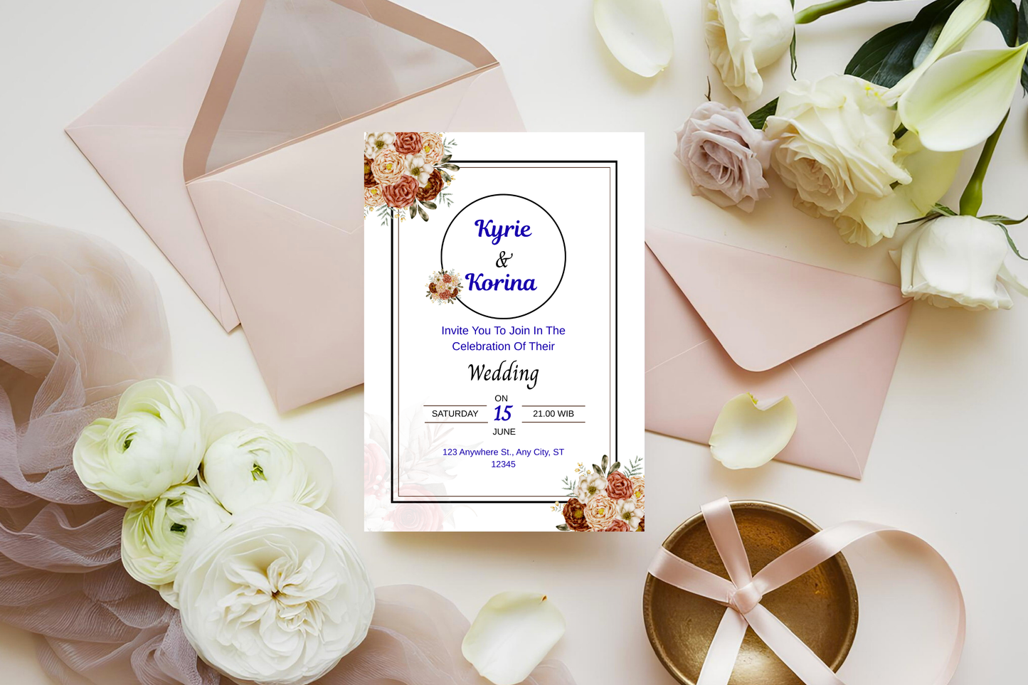 Wedding Invitation Template Printable, Editable Elegant Wedding Invite Card
