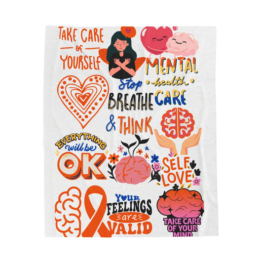 Mental Health Awareness Velveteen Plush Blanket, Self-Care Blanket, Gift for Her, Cozy Throw for Relaxation, Motivational Decor