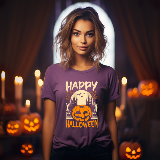 Happy Halloween T-Shirt / Spooky Pumpkin Graphic Tee / Haunted Castle Shirt / Halloween Costume Top / Fun Holiday Party Outfit