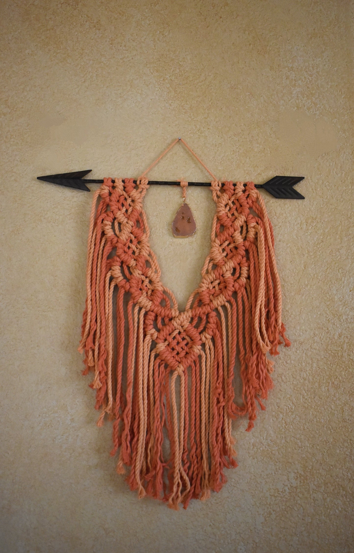 Where the Light Gets In, Handmade Orange Boho Macrame Wall Hanging with Crystal Pendant | Cotton Rope Wall Decor