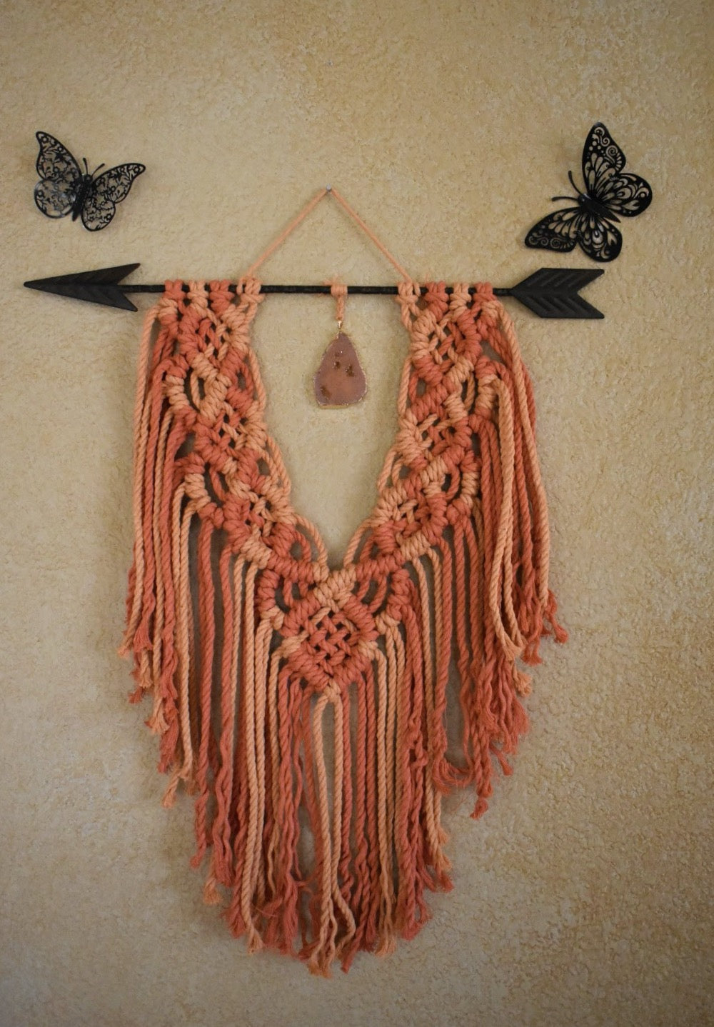 Where the Light Gets In, Handmade Orange Boho Macrame Wall Hanging with Crystal Pendant | Cotton Rope Wall Decor
