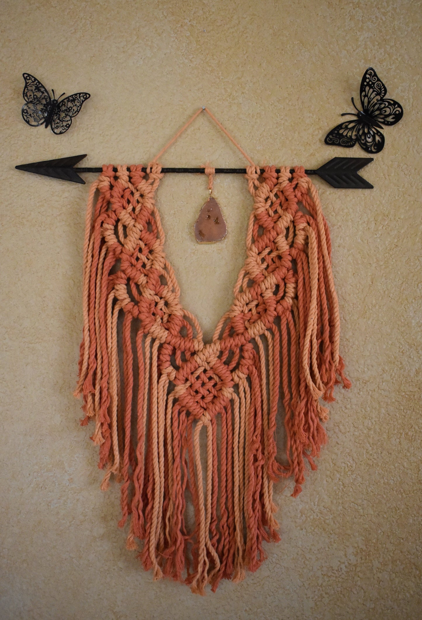 Where the Light Gets In, Handmade Orange Boho Macrame Wall Hanging with Crystal Pendant | Cotton Rope Wall Decor