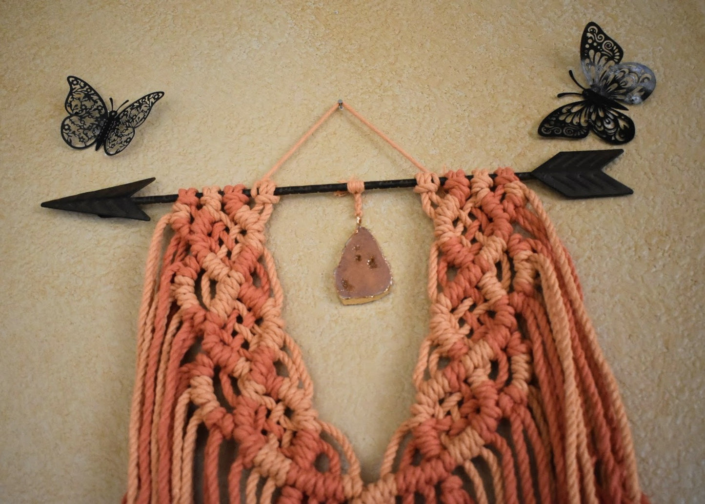 Where the Light Gets In, Handmade Orange Boho Macrame Wall Hanging with Crystal Pendant | Cotton Rope Wall Decor