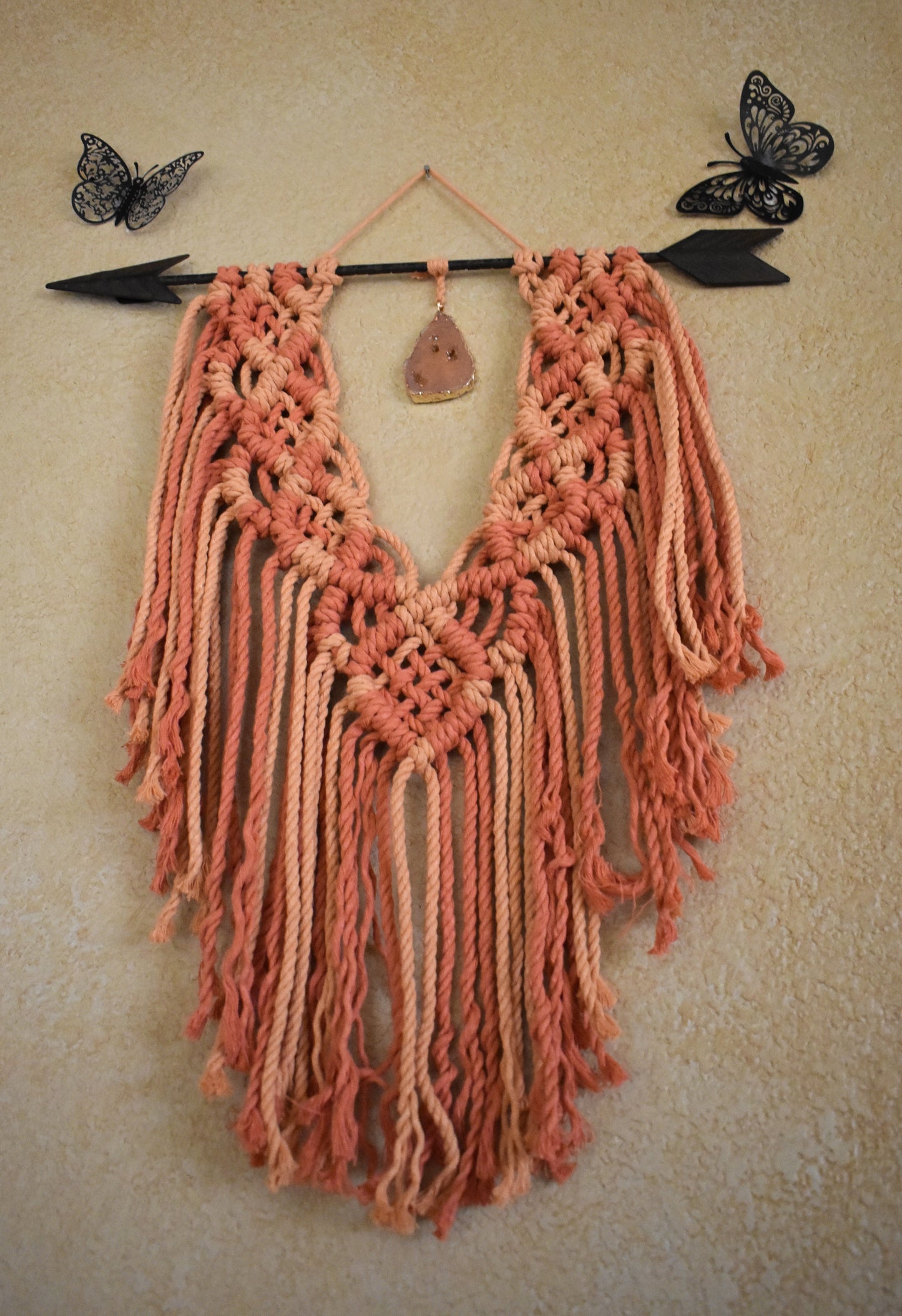 Where the Light Gets In, Handmade Orange Boho Macrame Wall Hanging with Crystal Pendant | Cotton Rope Wall Decor