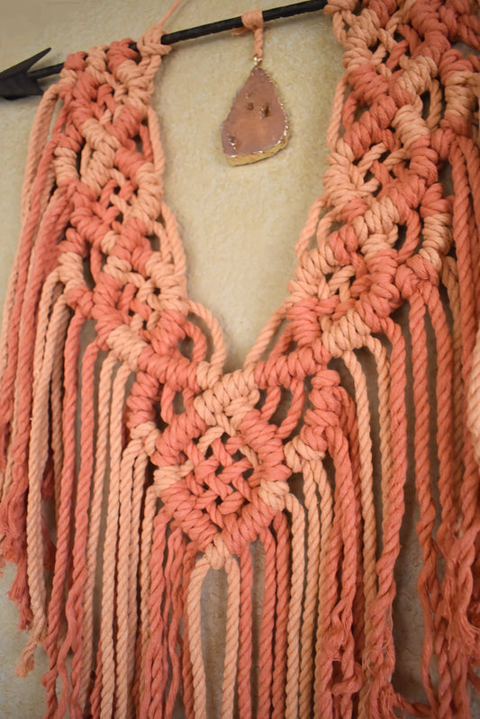 Where the Light Gets In, Handmade Orange Boho Macrame Wall Hanging with Crystal Pendant | Cotton Rope Wall Decor