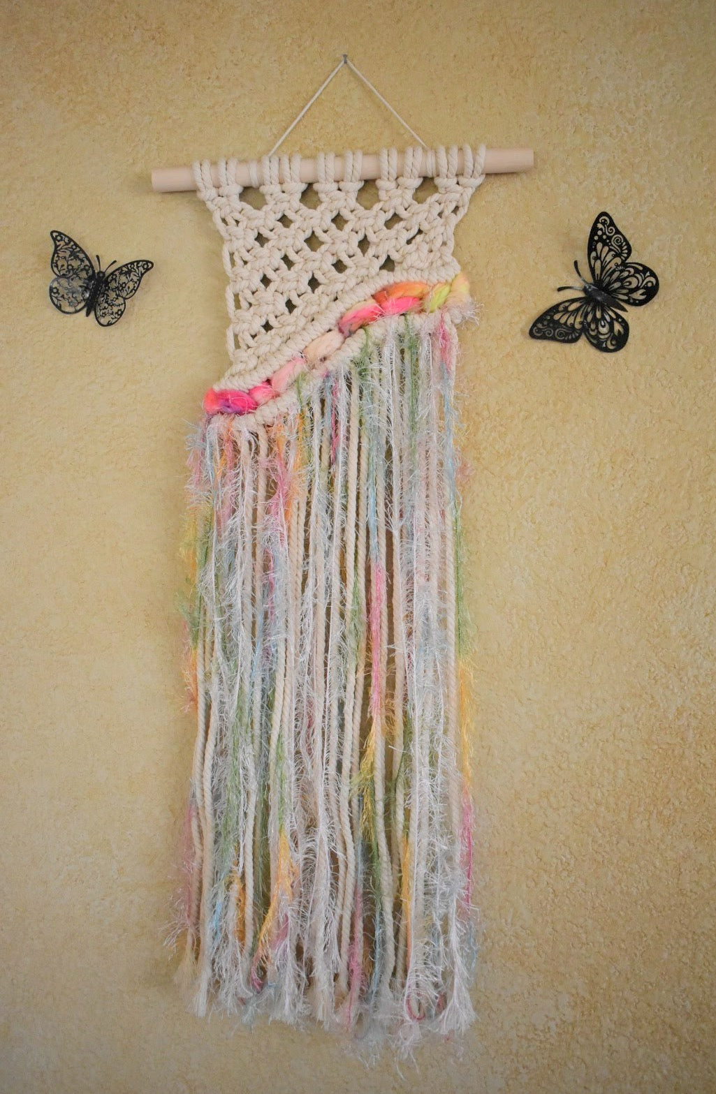 Permission to Bloom, Boho Macrame Wall Hanging with Multicolor Tassels – Handmade Cotton Rope Wall Art