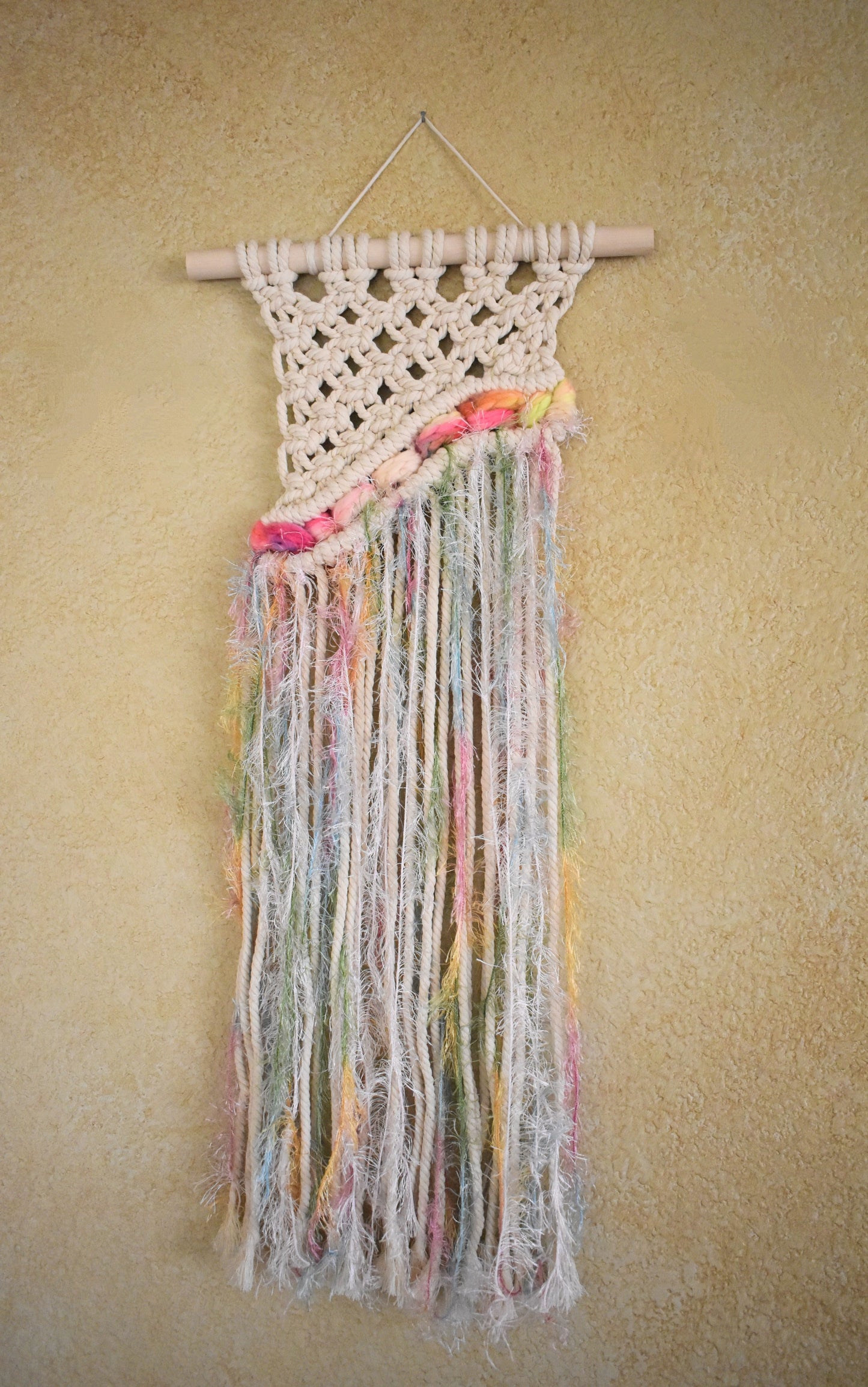Permission to Bloom, Boho Macrame Wall Hanging with Multicolor Tassels – Handmade Cotton Rope Wall Art