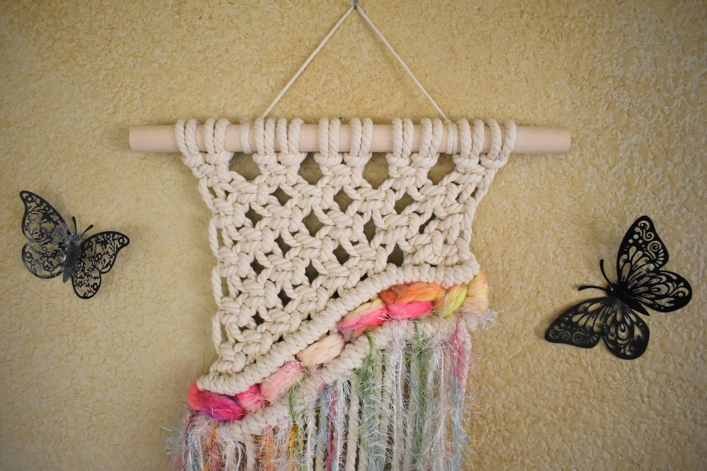 Permission to Bloom, Boho Macrame Wall Hanging with Multicolor Tassels – Handmade Cotton Rope Wall Art