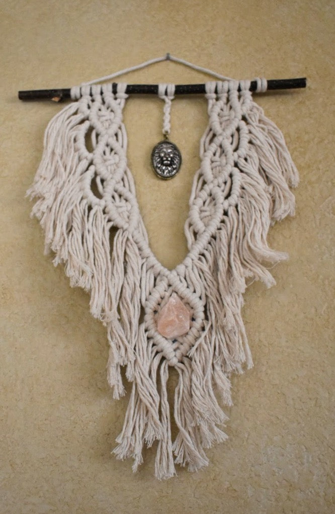 The Courage to Be Soft & Lion Hearted, Boho White Macrame Wall Hanging with Natural Crystal – Handmade Cotton Rope Wall Art