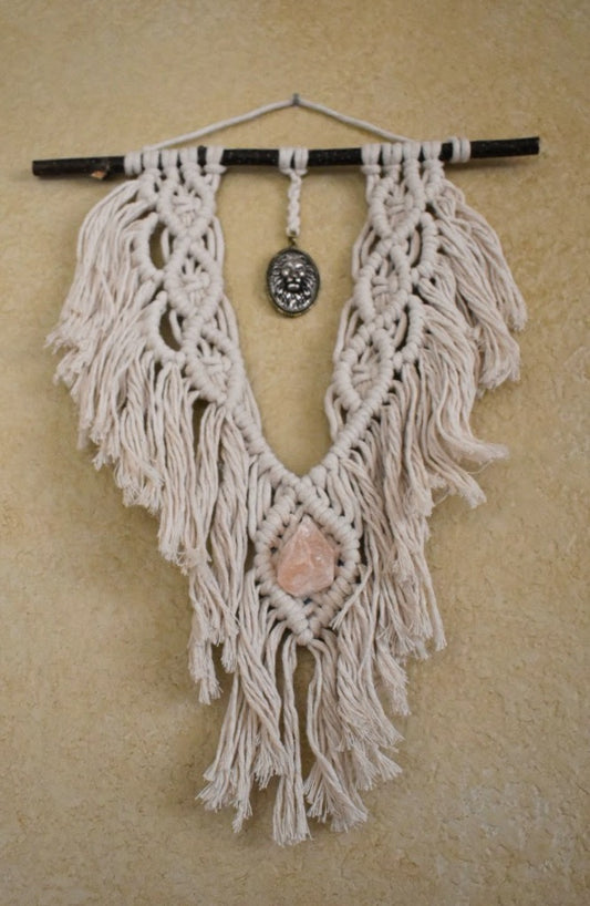 The Courage to Be Soft & Lion Hearted, Boho White Macrame Wall Hanging with Natural Crystal – Handmade Cotton Rope Wall Art