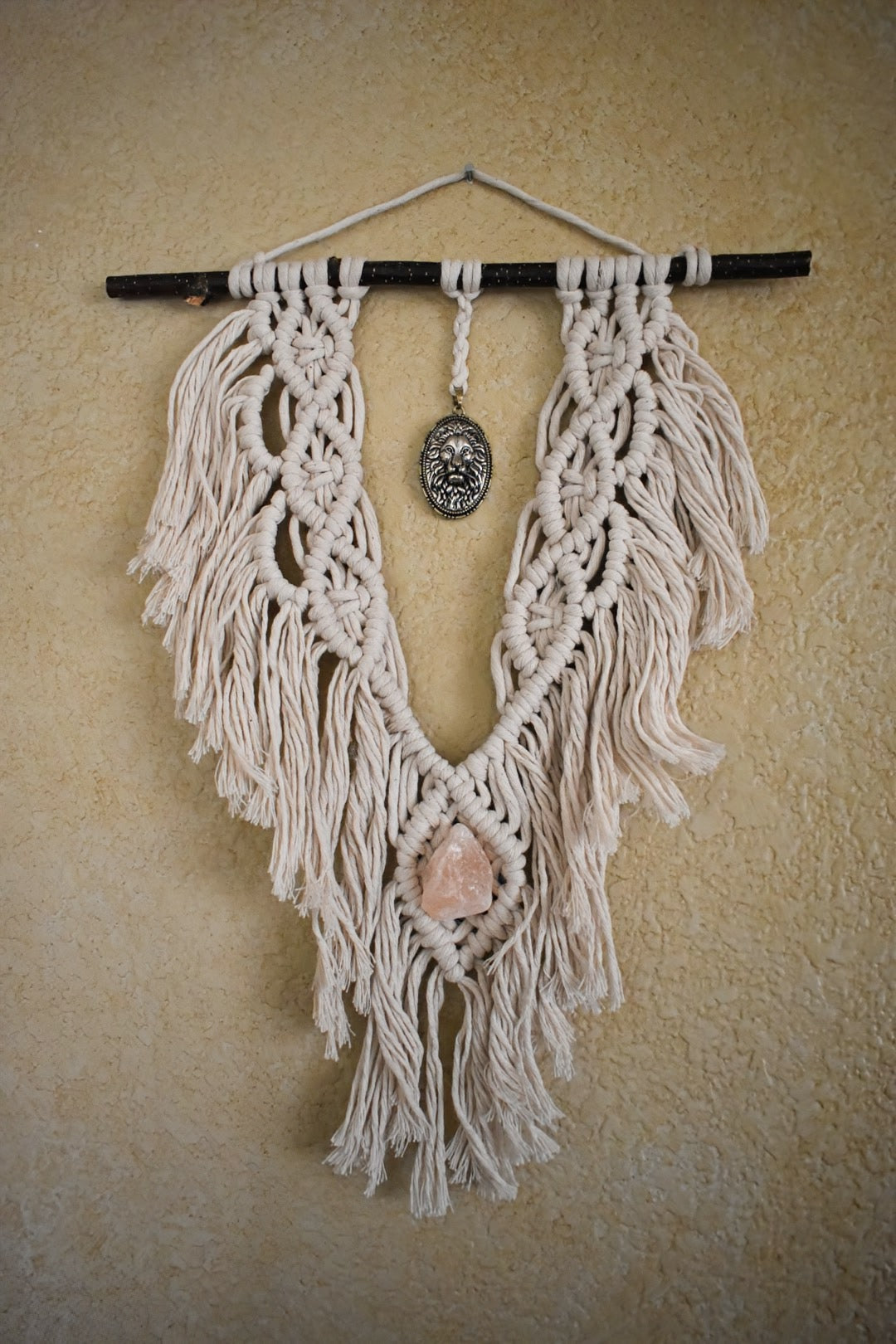 The Courage to Be Soft & Lion Hearted, Boho White Macrame Wall Hanging with Natural Crystal – Handmade Cotton Rope Wall Art