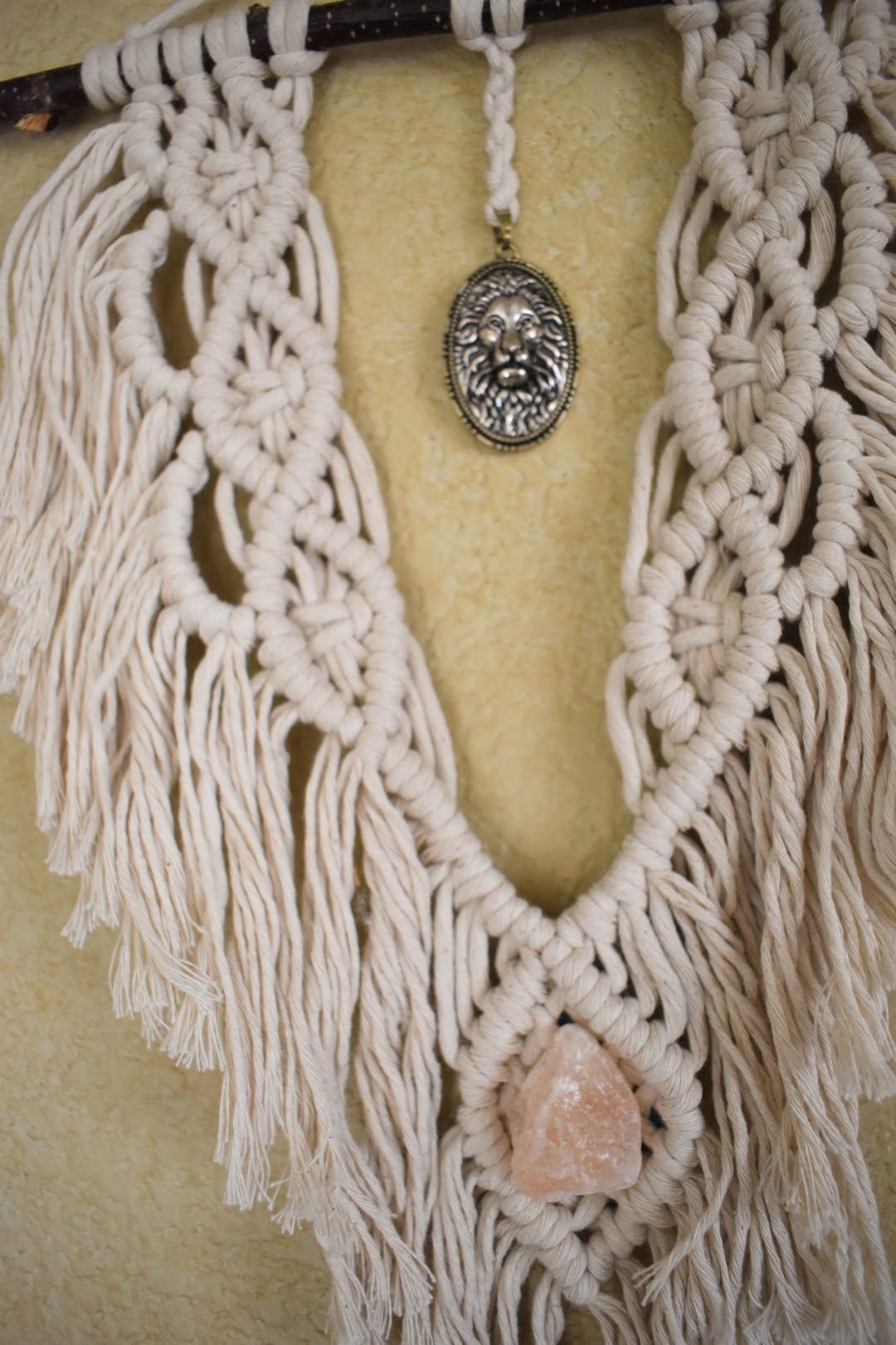 The Courage to Be Soft & Lion Hearted, Boho White Macrame Wall Hanging with Natural Crystal – Handmade Cotton Rope Wall Art