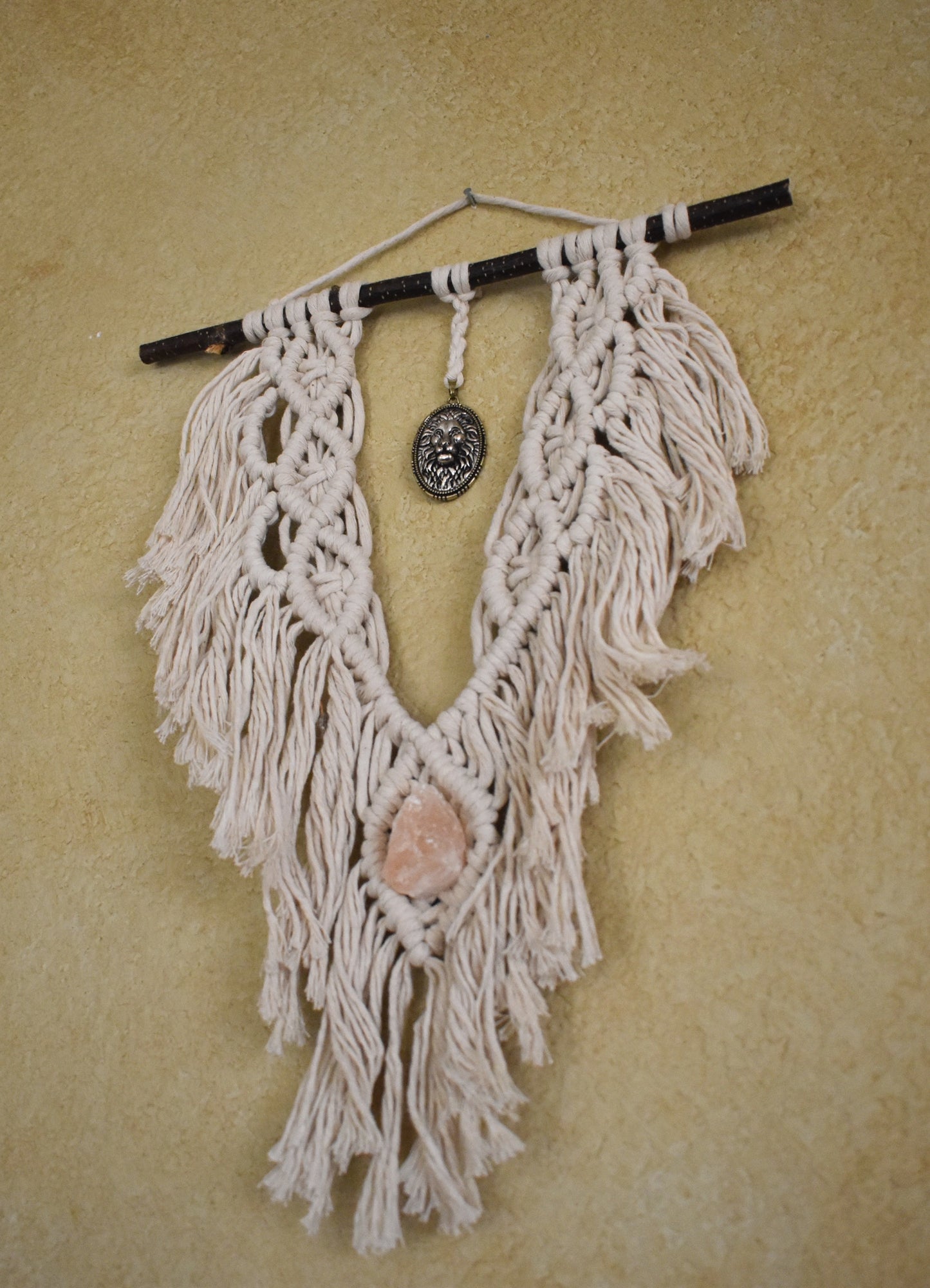 The Courage to Be Soft & Lion Hearted, Boho White Macrame Wall Hanging with Natural Crystal – Handmade Cotton Rope Wall Art