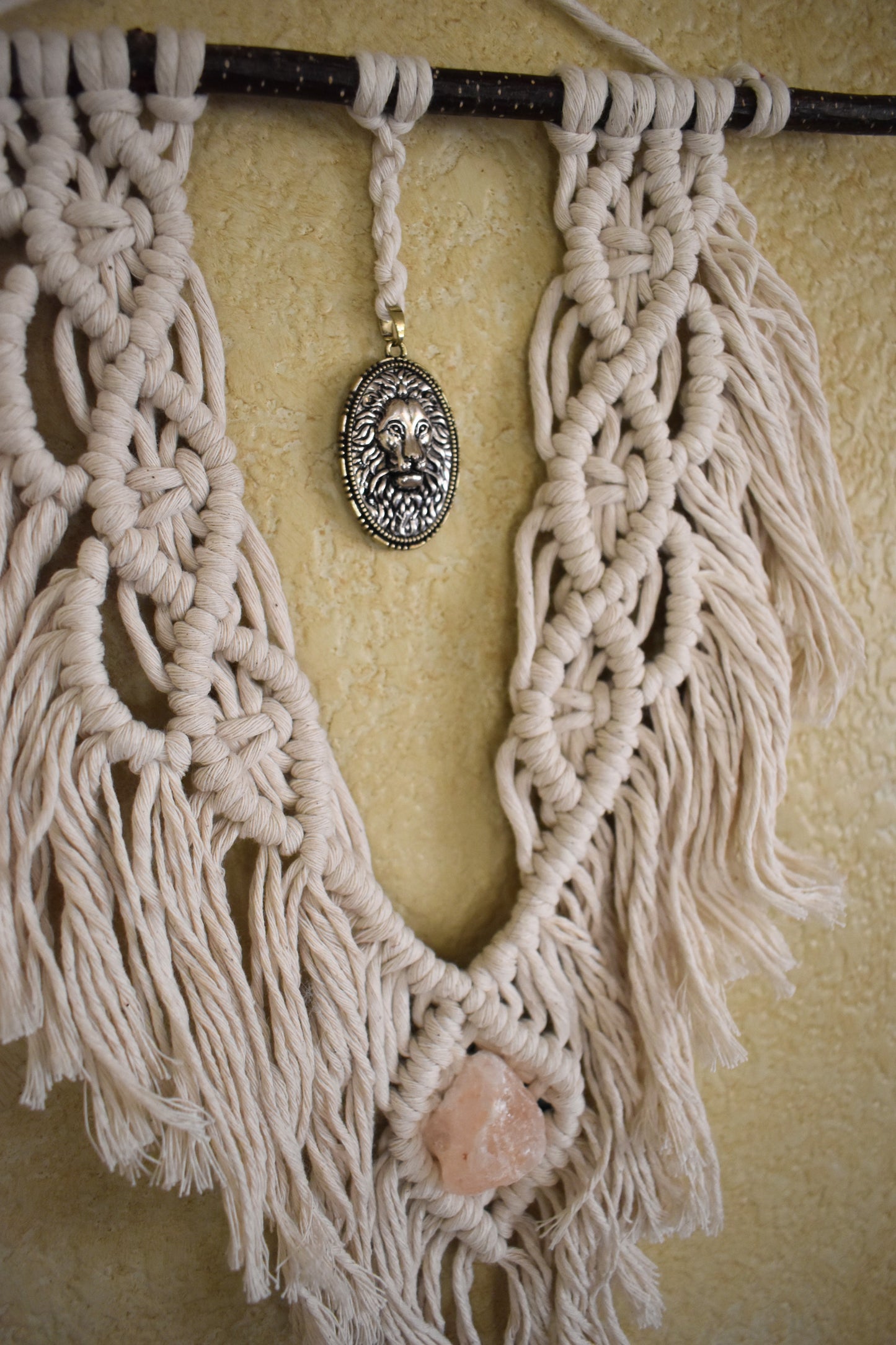 The Courage to Be Soft & Lion Hearted, Boho White Macrame Wall Hanging with Natural Crystal – Handmade Cotton Rope Wall Art