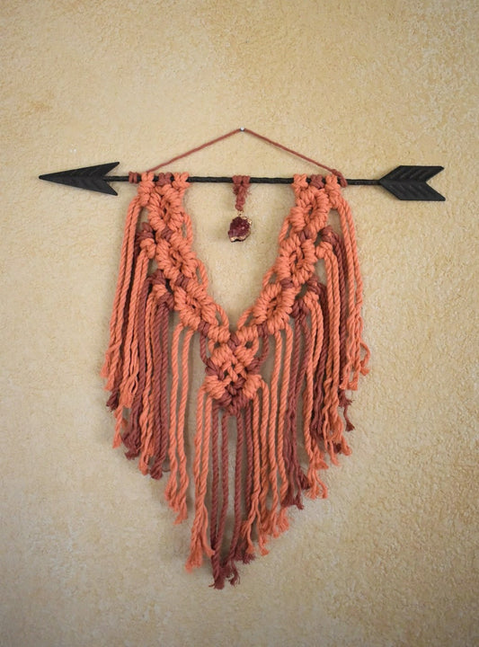 Aimed at Myself Macrame, Handmade Orange Macrame Wall Hanging with Crystal Pendant | Boho Cotton Rope Wall Decor