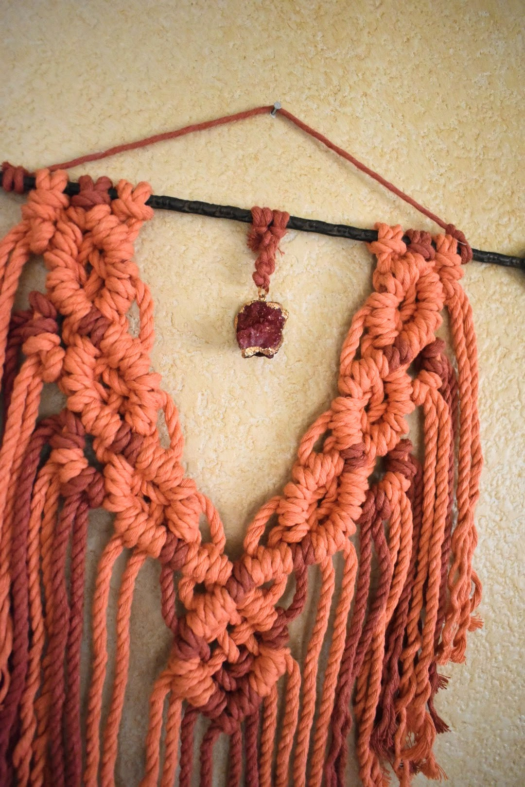 Aimed at Myself Macrame, Handmade Orange Macrame Wall Hanging with Crystal Pendant | Boho Cotton Rope Wall Decor