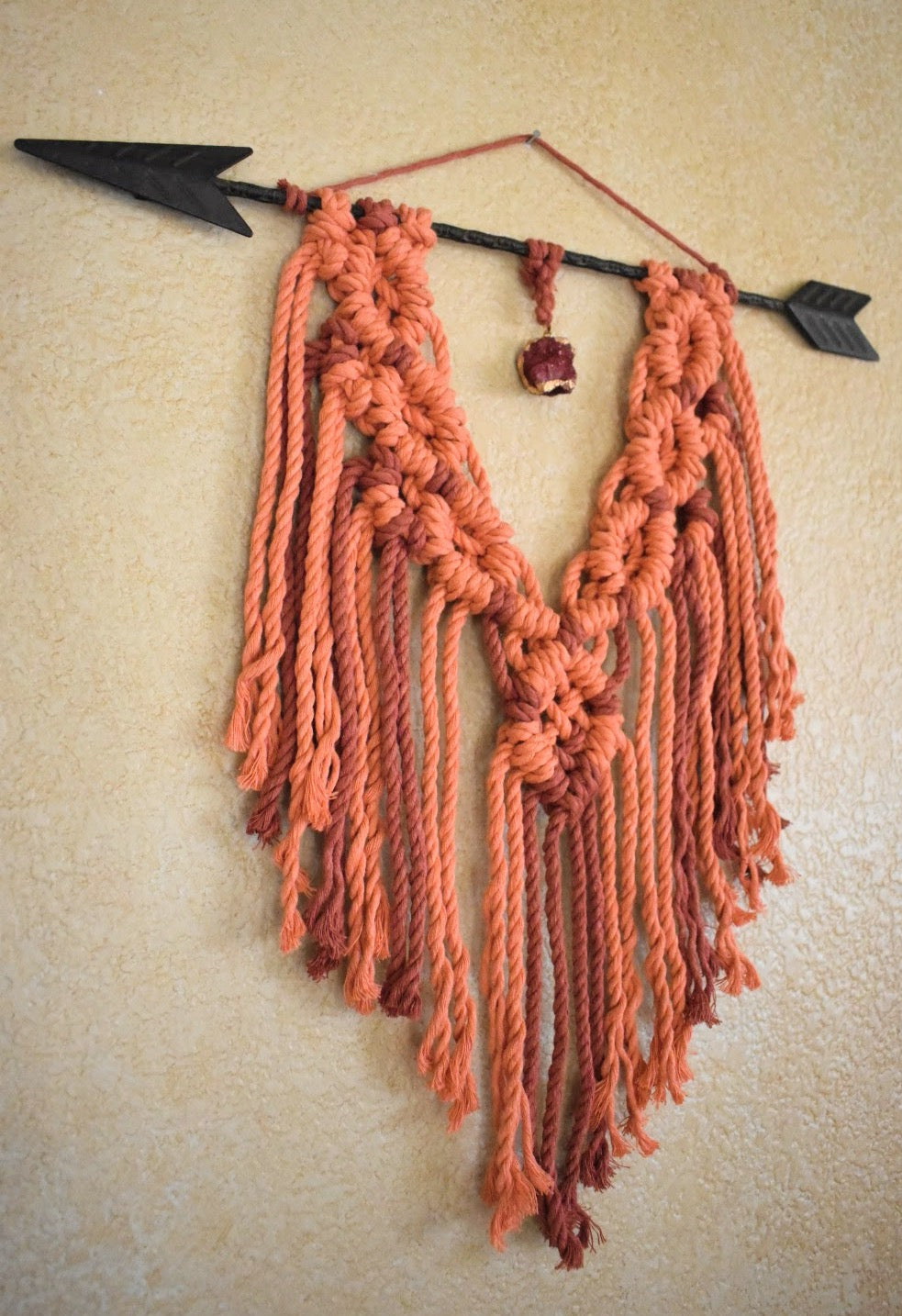 Aimed at Myself Macrame, Handmade Orange Macrame Wall Hanging with Crystal Pendant | Boho Cotton Rope Wall Decor