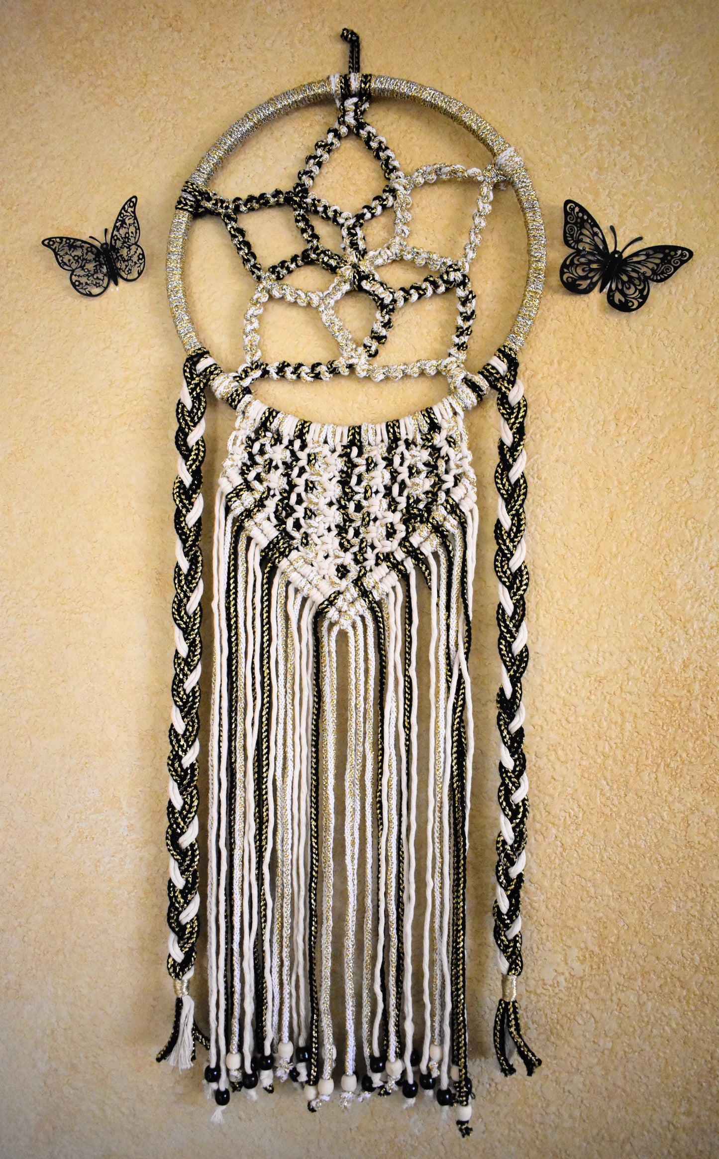 Still Shining, Full Circle, Luxury Macrame Dream Catcher Wall Hanging – Black White Gold Boho Decor, Handmade Fiber Art Wall Decor