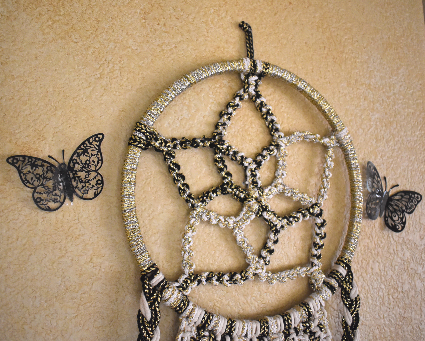 Still Shining, Full Circle, Luxury Macrame Dream Catcher Wall Hanging – Black White Gold Boho Decor, Handmade Fiber Art Wall Decor