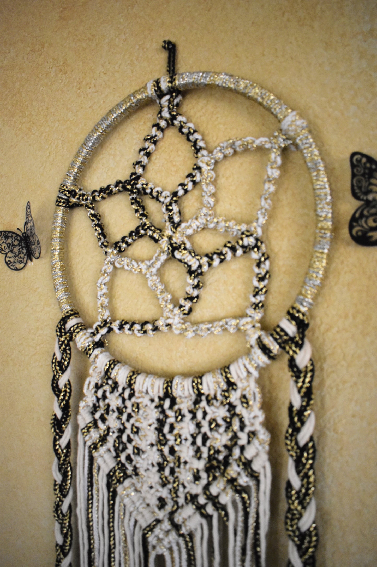 Still Shining, Full Circle, Luxury Macrame Dream Catcher Wall Hanging – Black White Gold Boho Decor, Handmade Fiber Art Wall Decor