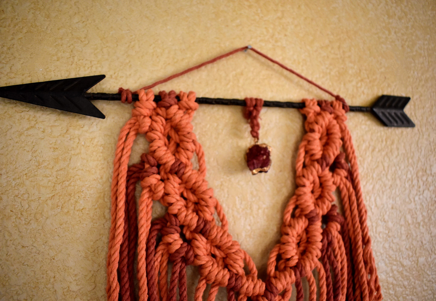 Aimed at Myself Macrame, Handmade Orange Macrame Wall Hanging with Crystal Pendant | Boho Cotton Rope Wall Decor