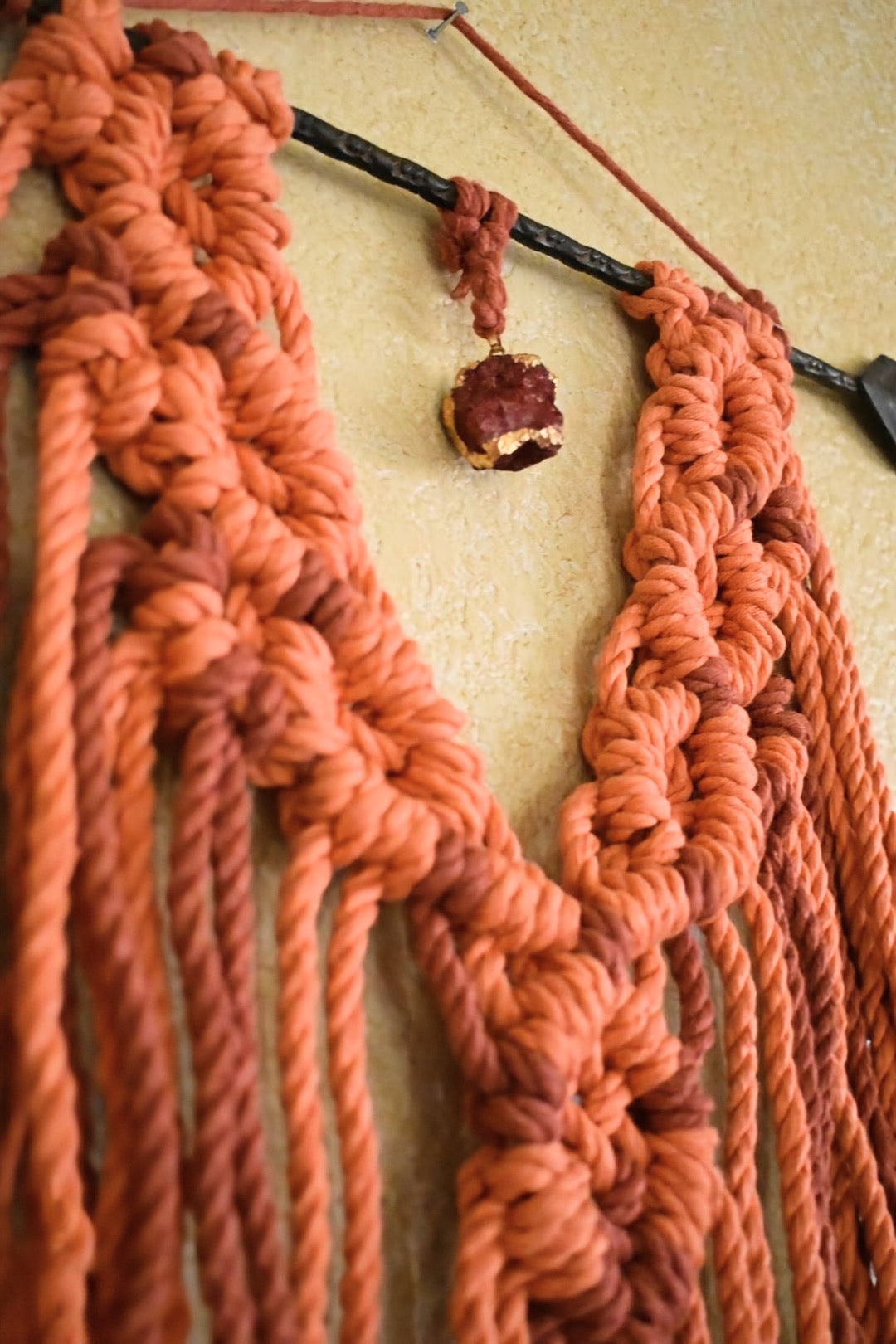 Aimed at Myself Macrame, Handmade Orange Macrame Wall Hanging with Crystal Pendant | Boho Cotton Rope Wall Decor