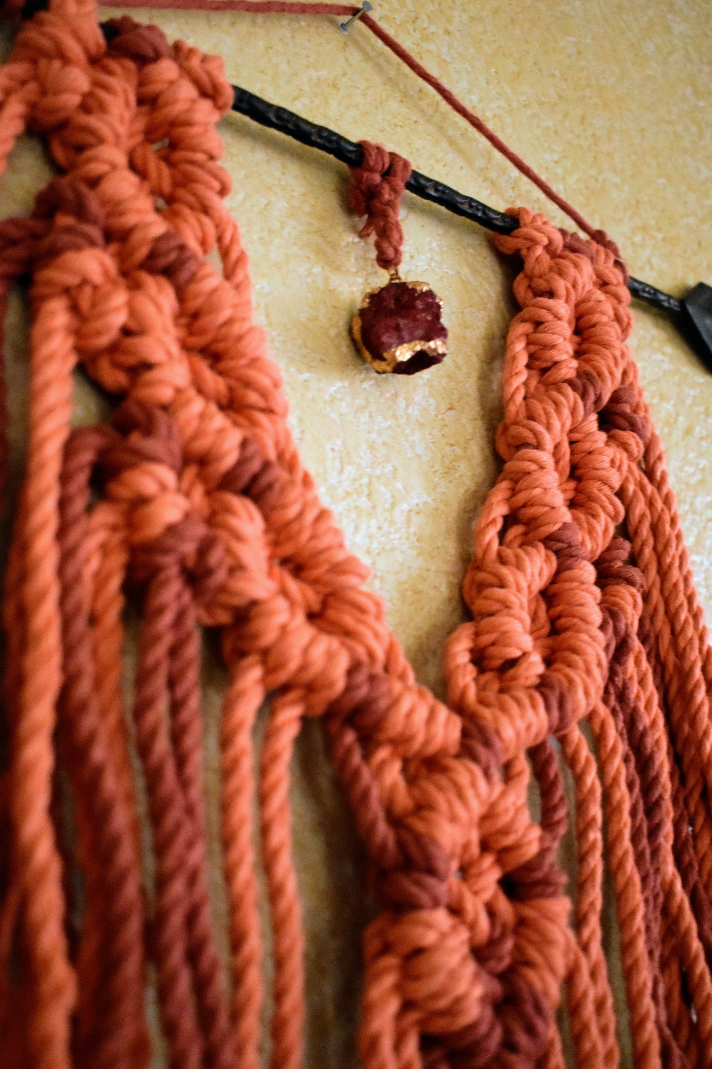 Aimed at Myself Macrame, Handmade Orange Macrame Wall Hanging with Crystal Pendant | Boho Cotton Rope Wall Decor