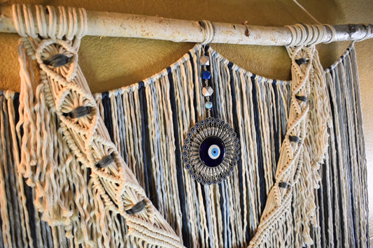 Brand New Eyes, Handmade Macrame Wall Hanging with Evil Eye Pendant | Boho Cotton Rope Wall Decor